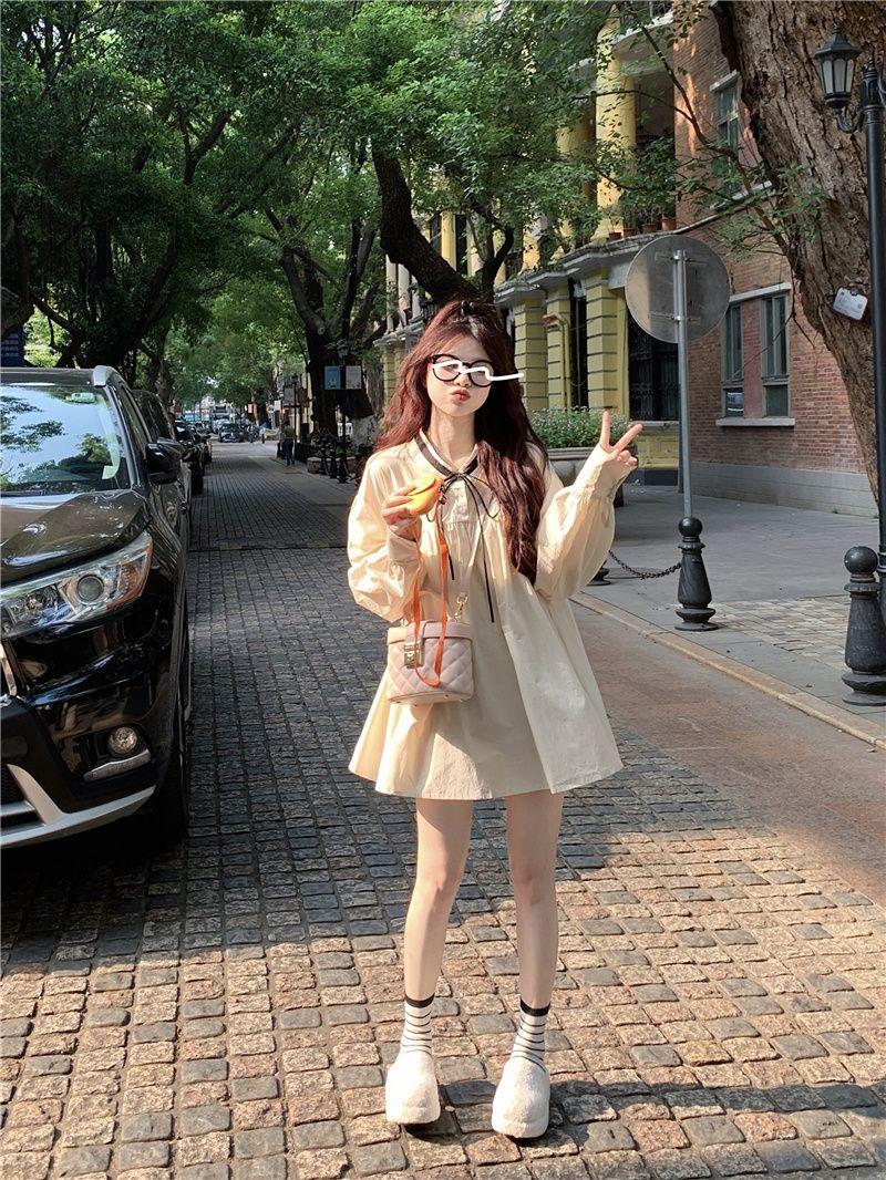 SHUANGYAN 2023 Pháp Vintage ren-up bong bóng tay áo đầm mùa xuân và mùa thu nữ dài tay áo lỏng lẻo váy ngắn ẩm ướt