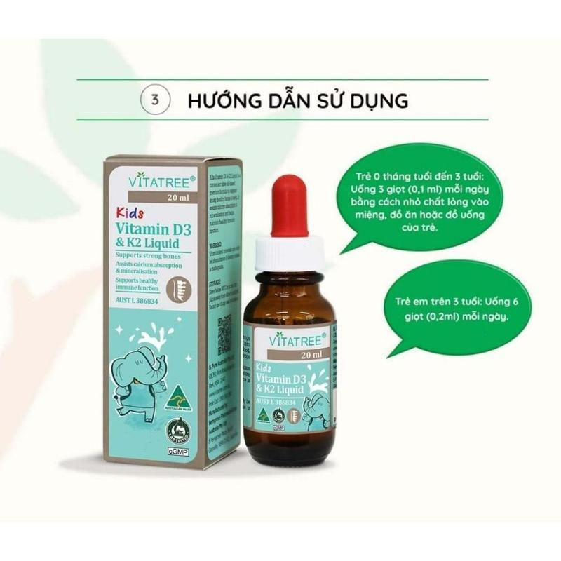 Tinh chất D3 K2 hỗ trợ hấp thu canxi cho trẻ Vitatree Kids Vitamin D3 &amp; K2 Liquid 20ml