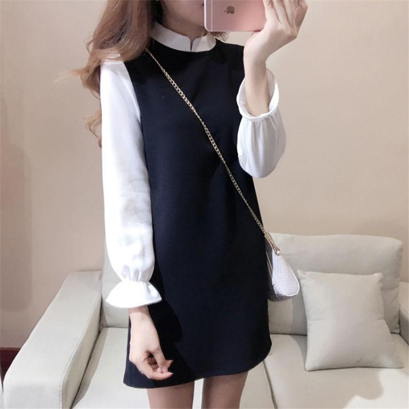 Đầm suông nữ cổ tàu tay dài phối màu trẻ trung Da48