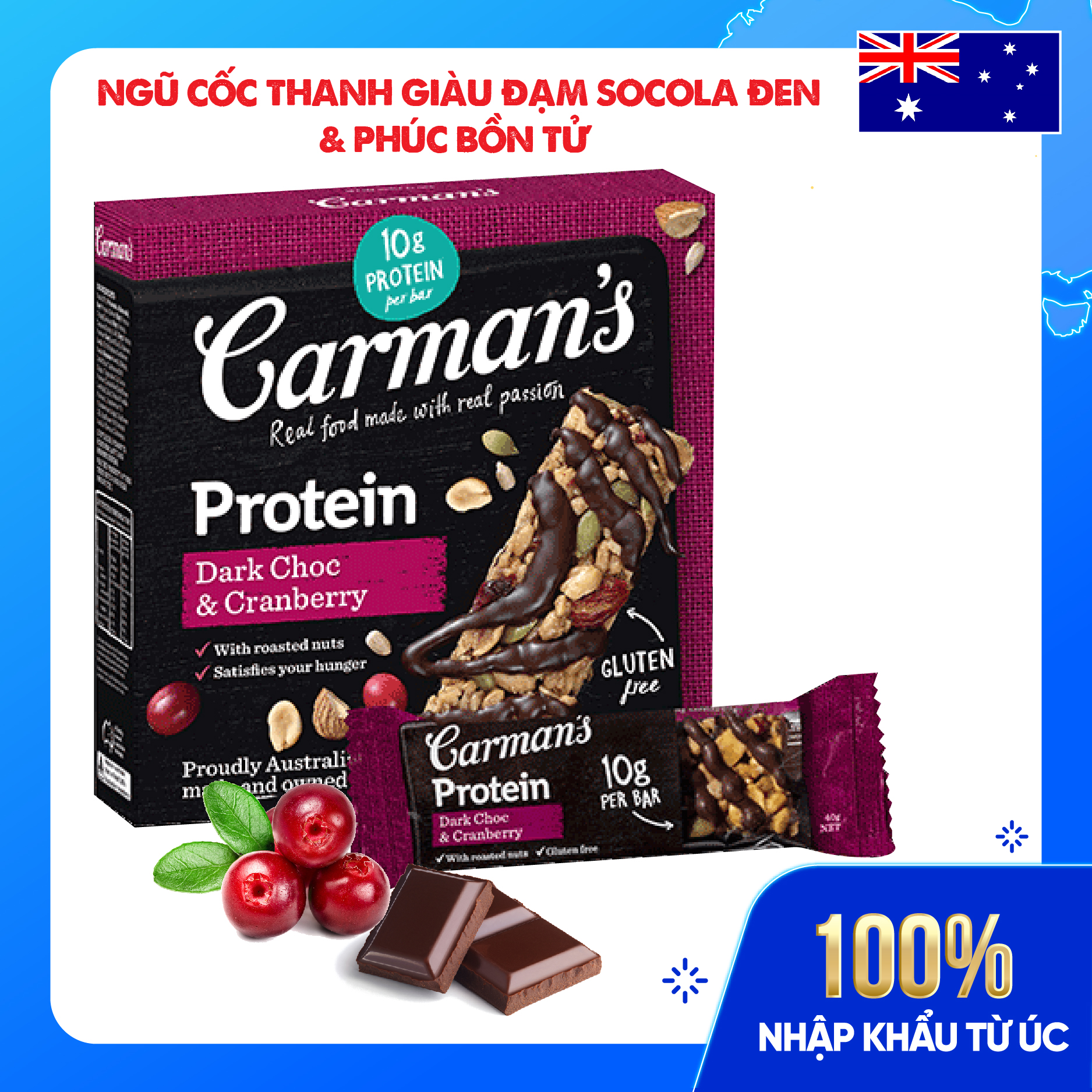 Thanh Giàu Đạm Carman's Protein Bar Dark Choc, Cranberry - 200g