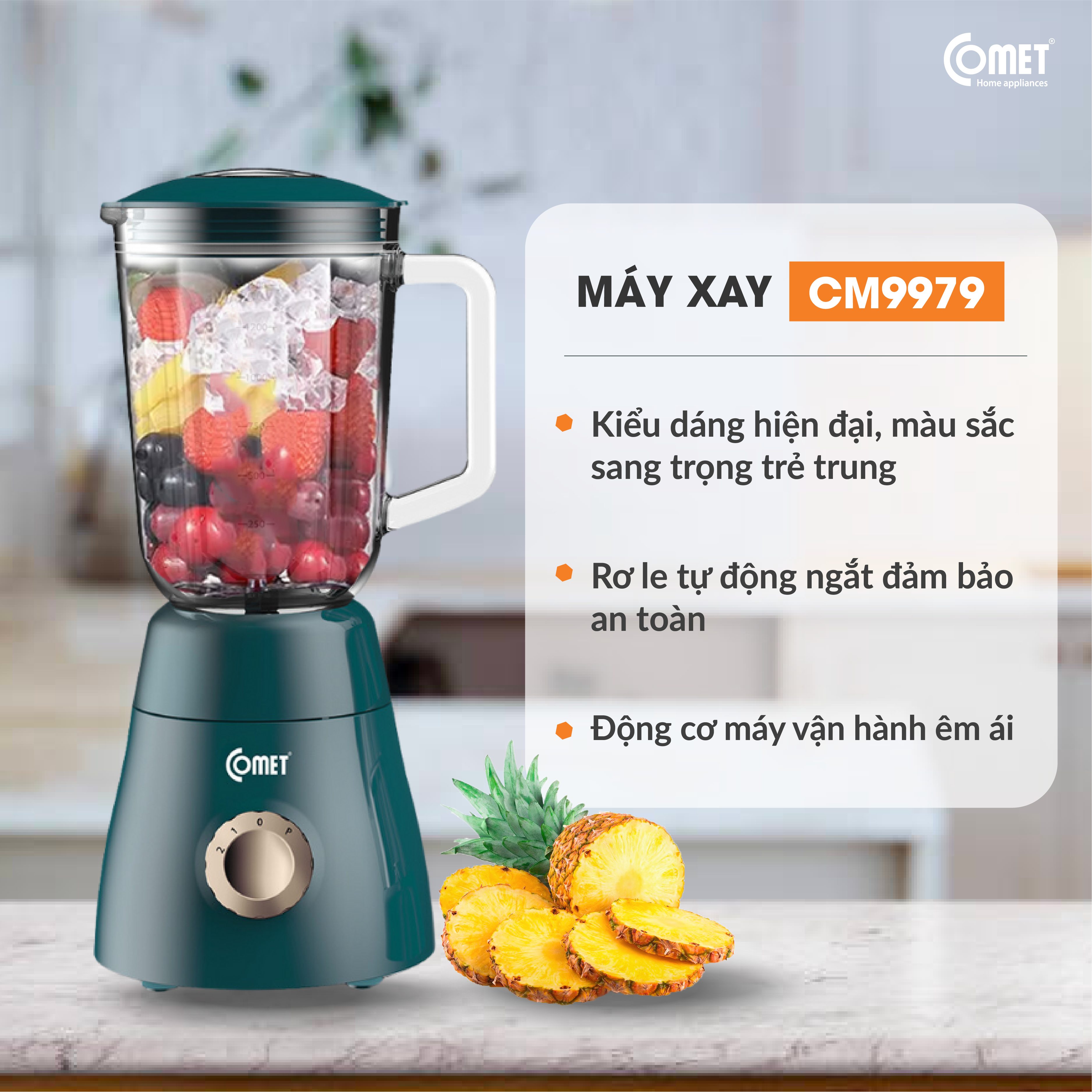 Máy xay sinh tố Comet CM9979 – 3 cối thủy tinh và nhựa cao cấp, công suất 450W – Xay sinh tố, thịt, hạt – Dung tích 1.5L – Hàng chính hãng, bảo hành 1 năm