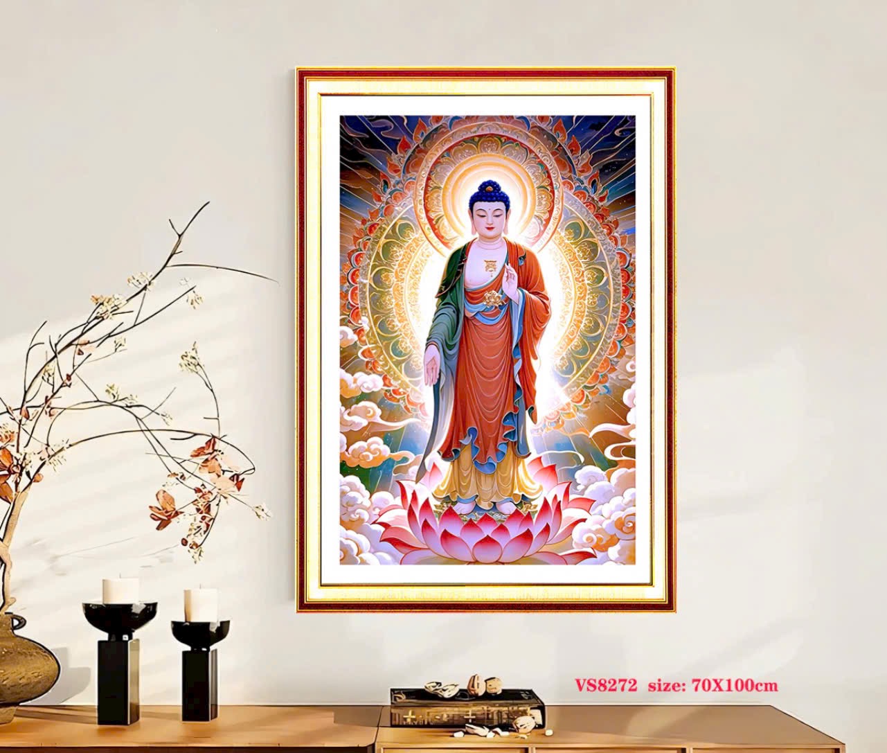 Tranh thêu kín Phật a di đà vs8272, kích thước 100 x 70 cm, 11ct thêu 3 sợi