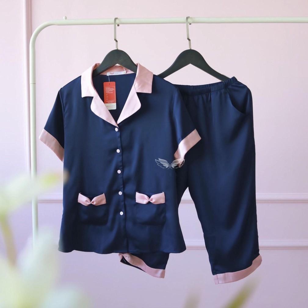 Freeship Bộ pijama lụa satin quần lửng phối cổ cao cấp