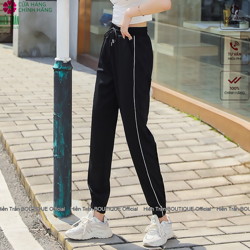 Quần jogger nữ Hiền Trần BOUTIQUE dáng dài cạp chun thiết kế một sọc bên kiểu bo gấu năng động cá tính thể thao tập gym