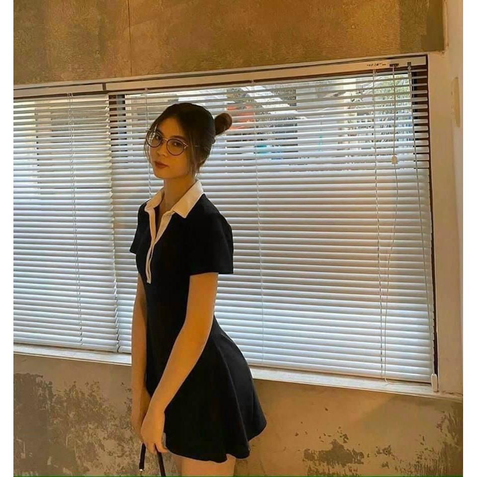 Đầm thun đen cổ bẻ trắng chất liệu thun cotton co giãn