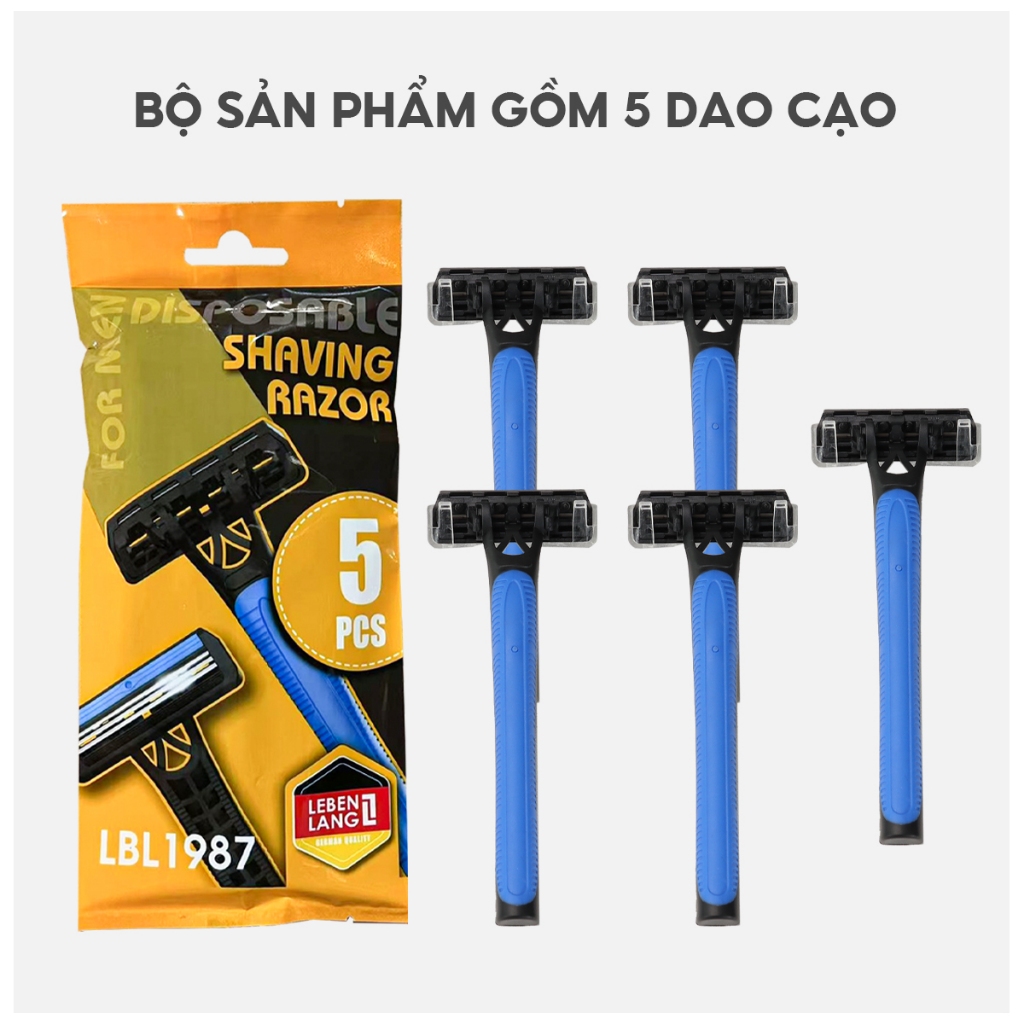 Dao cạo râu 3 lưỡi Lebenlang LBL1987, tay cầm chống trơn trượt, lưỡi dao chứa Gel lô hội và vitamin E, 5 cái - hàng chính hãng