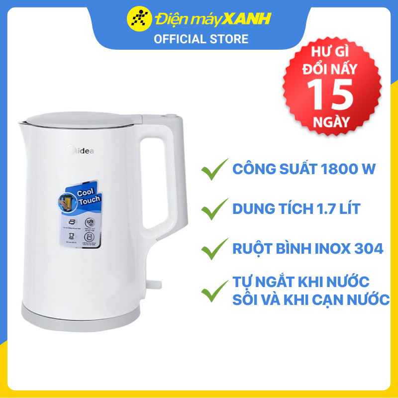 Bình đun siêu tốc Midea 1.7 lít MK-17DW - Trắng - Hàng Chính Hãng