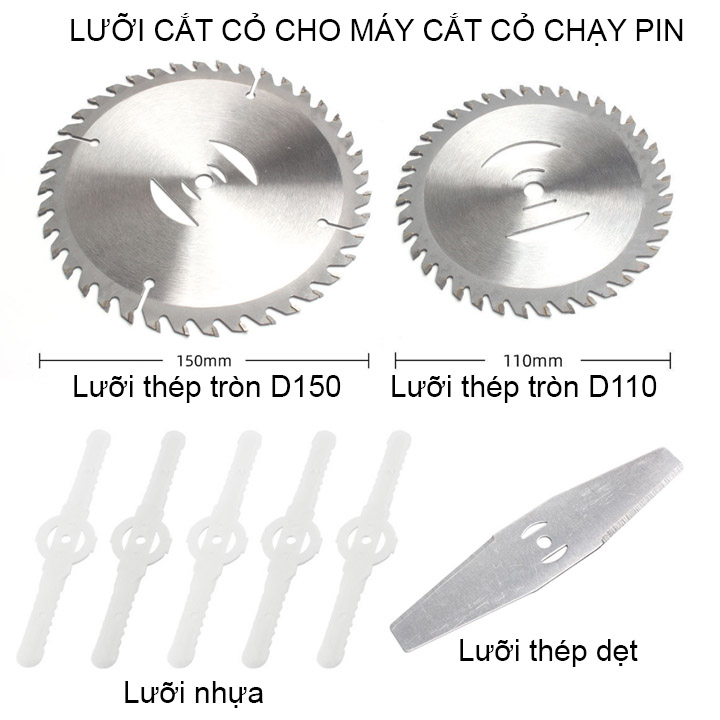 (Phụ kiện máy cắt cỏ pin) Lưỡi cắt cỏ thép D110-D150mmm, thép dài 147mm hoặc lưỡi nhựa tùy chọn