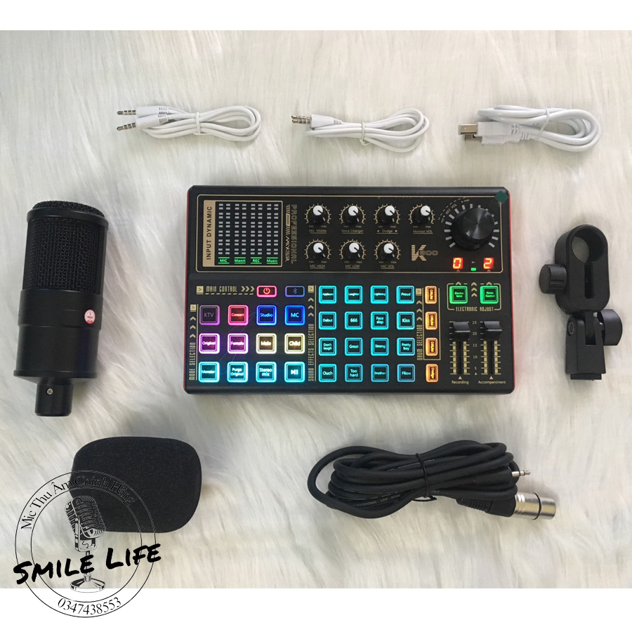 Combo Thu Âm Livestream Mic SD203 Sound Card K300 Bluetooth autotune Chân Kẹp Mic Tai nghe chụp