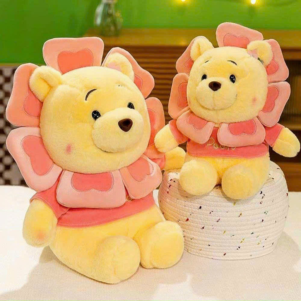 Gấu bông Pooh vàng hoa mặt trời áo nhung hồng thêu logo, hàng Quảng Châu cao cấp