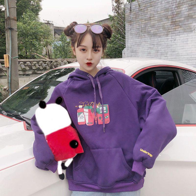 Áo hoodie dáng rộng in họa tiết hoạt hình đáng yêu cho nữ