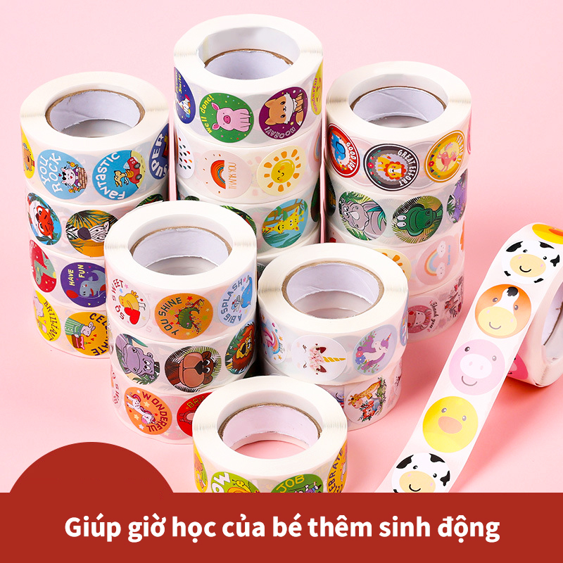 Sticker dán sổ họa tiết hình thú đáng yêu, Cuộn 500 sticker khen thưởng khiến giờ học của bé thêm sinh động – SST016