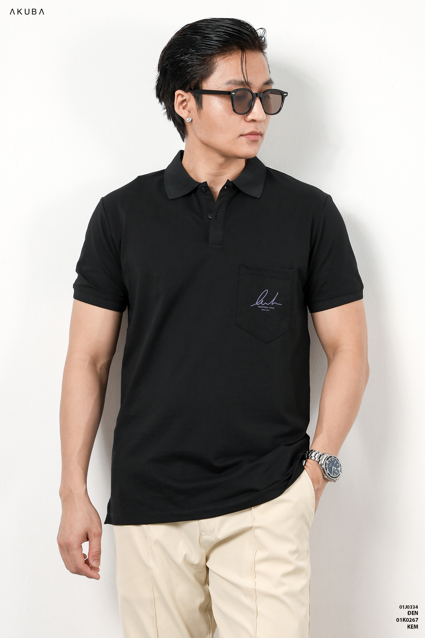 Áo thun Polo nam in chữ cổ bẻ AKUBA form slimfit | 01J0334