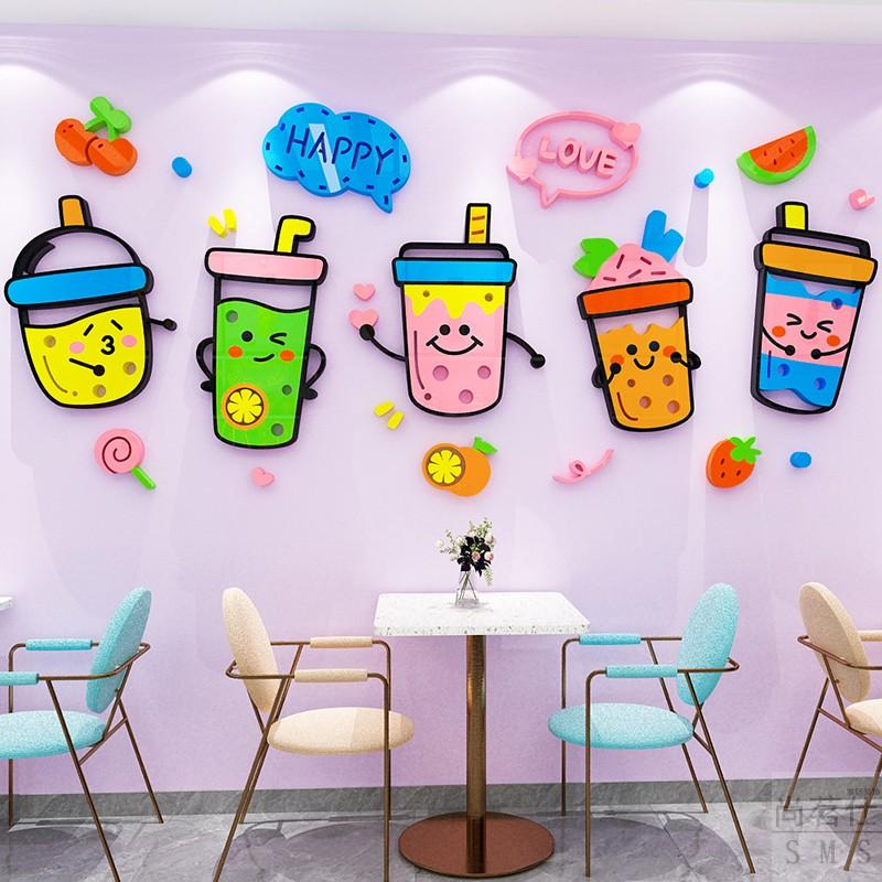 Tranh mica dán tường - love trà sữa, happy milk tea trang trí cửa hàng trà sữa, trà tranh, quán nước