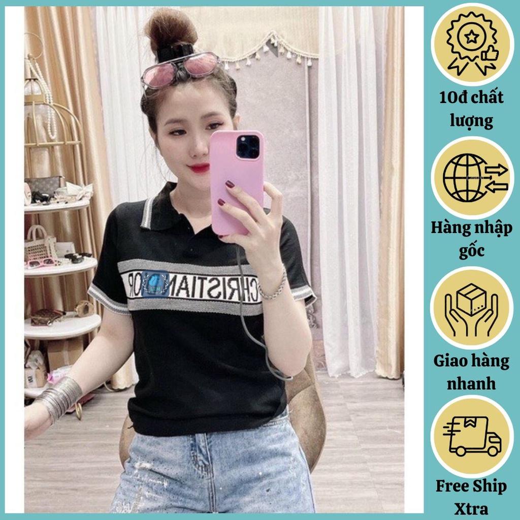 Áo len nữ Montoghi dệt kim Quảng Châu CỔ BẺ cọc tay PHỐI CHỮ NGANG thanh lịch và dễ thương
