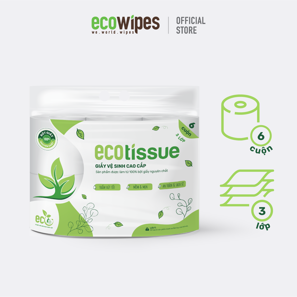 Giấy vệ sinh giấy cuộn cao cấp Ecotissue 3 lớp lốc 6 cuộn có lõi cao cấp mềm dai tự nhiên