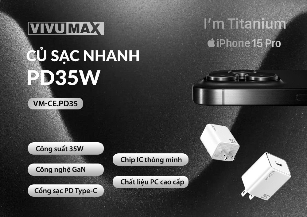 Củ sạc nhanh 1 cổng PD 35W Vivumax PD35 màu trắng - Hàng Chính Hãng, Bảo Hành Chính Hãng