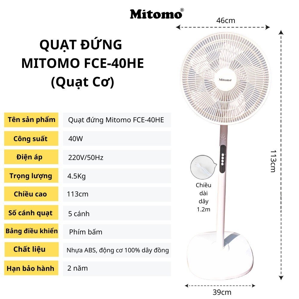 Quạt Đứng 5 Cánh Mitomo FCE-40 hàng chính hãng, Điều Khiển Từ Xa, Hẹn Giờ, Tiếng Ồn Thấp
