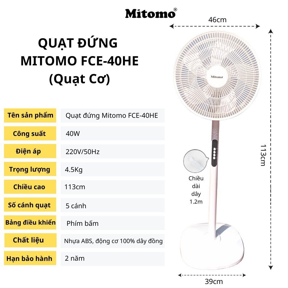 Quạt Cây Đứng Mitomo FCE-40 có điều khiễn từ xa, hẹn giờ hàng chính hãng