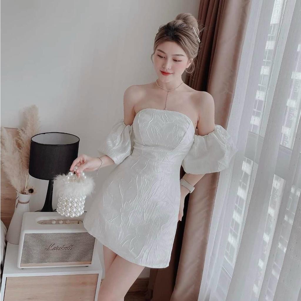 Đầm váy nữ trễ vai cúp ngực họa tiết tay phồng xốp gân ( có mút ngực ) màu trắng thanh lịch , dự tiệc dạo phố Hàn Quốc