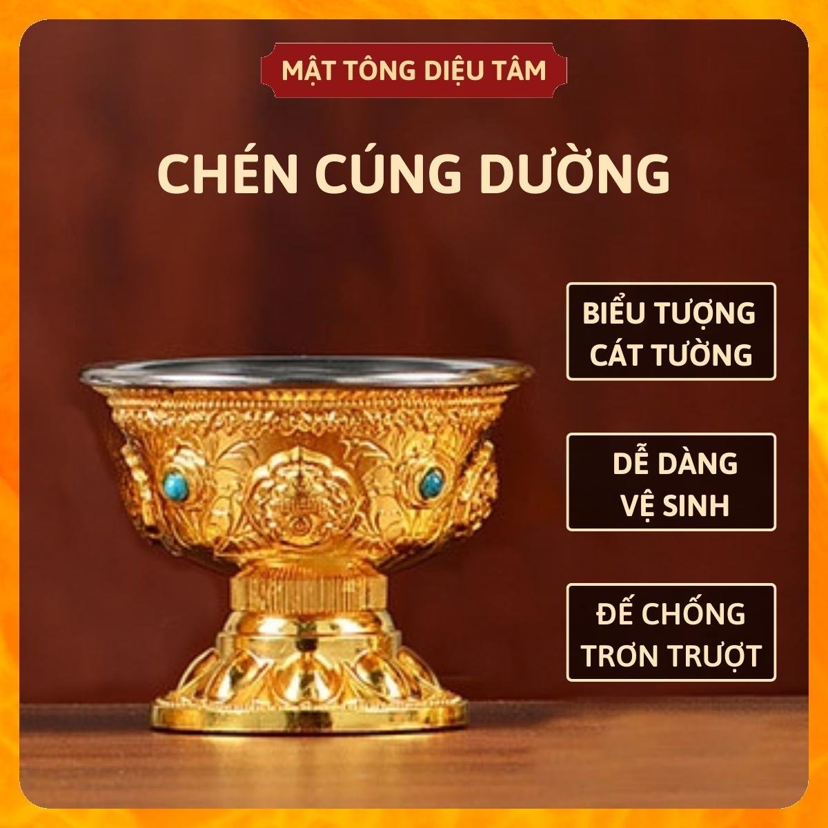 Ly cúng dường Mật Tông- Chung nước thờ cúng khắc nổi họa tiết Cát Tường, viên mãn, hạnh phúc, chén thờ dùng để trang trí đồ thờ, đồ thờ cúng Diệu Tâm