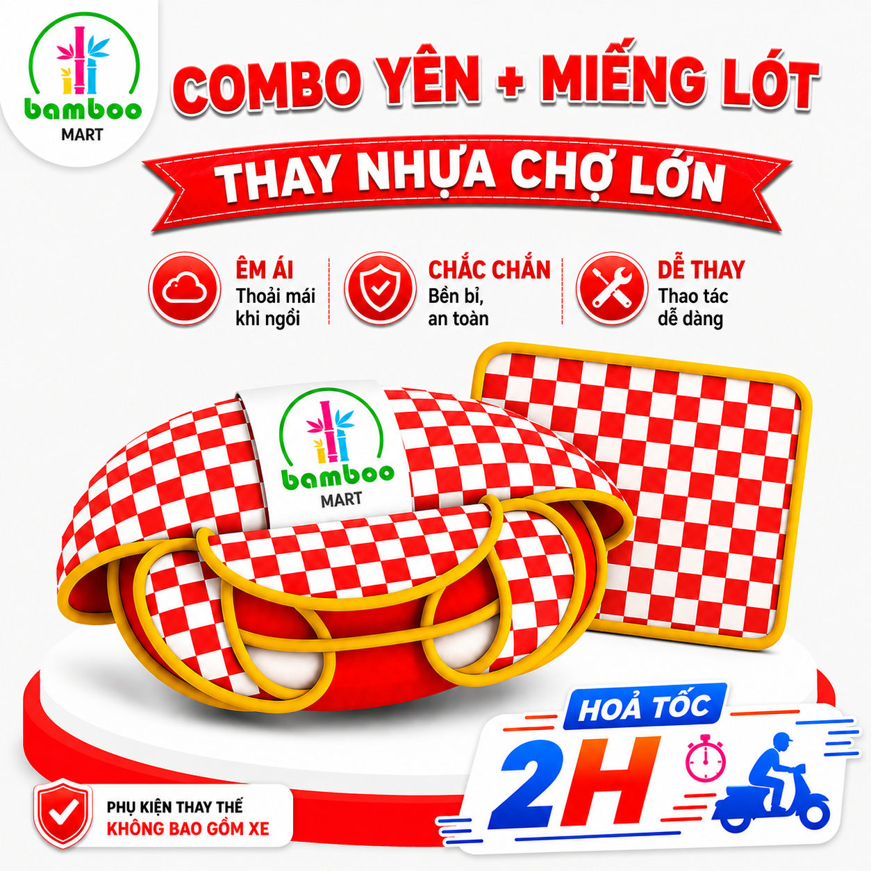 Combo Yên Xe Tập Đi Màu Đỏ Kèm Lót Chân – Thay Vừa Xe Nhựa Chợ Lớn