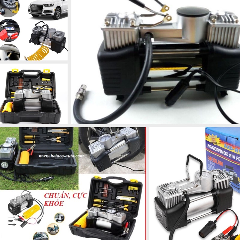 Bơm điện xe hơi ô tô 12V, bơm lốp ô tô 2 motor, 2 xilanh cao cấp, bơm hơi ô tô