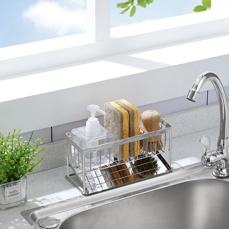 Kệ Đựng Đồ Rửa Chén Bát, Giá Để Giẻ Rửa Bát Inox 2 Ngăn Có Khay Hứng Nước Tiện Dụng