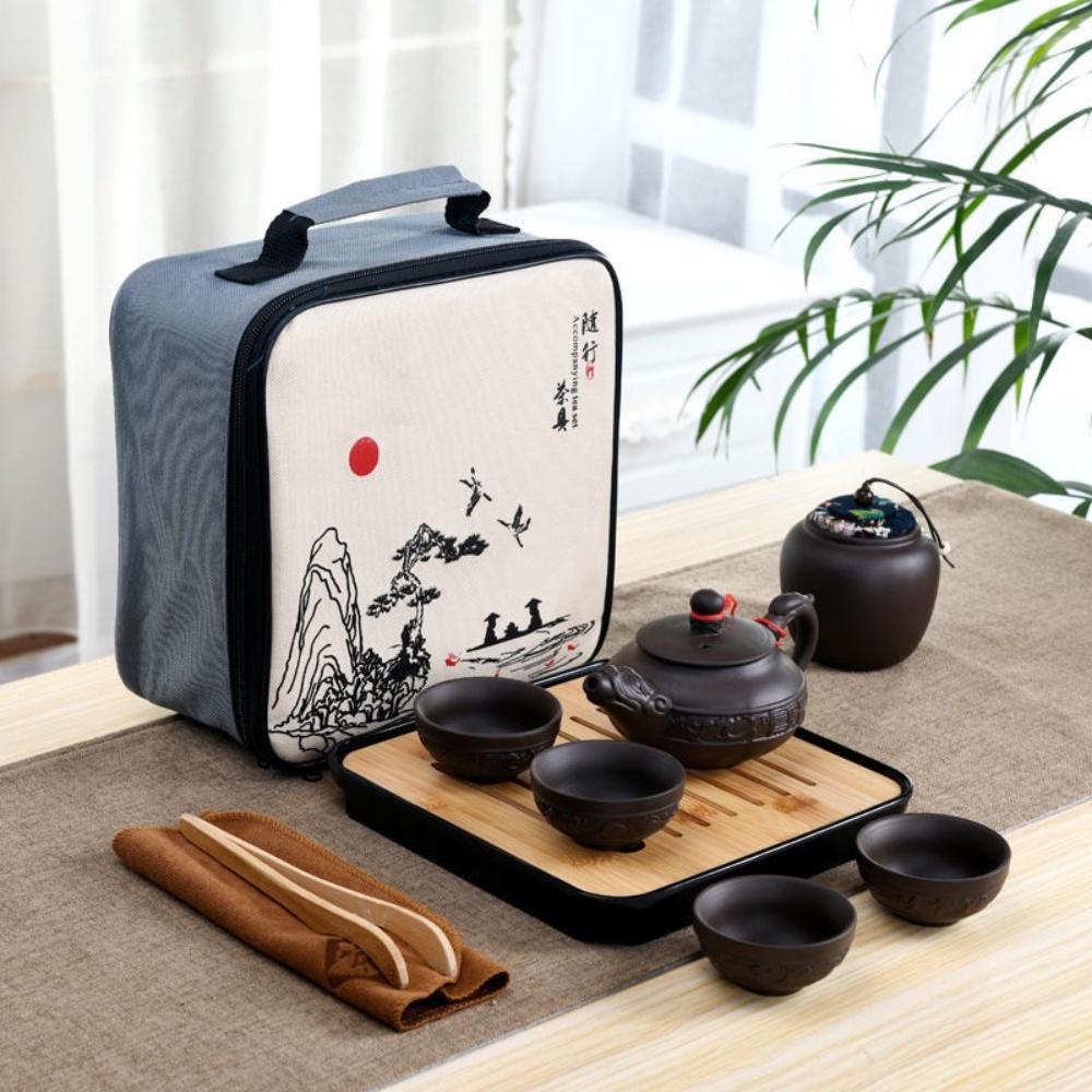 Bộ ấm chén uống trà Tử Sa du lịch 6 chén 12 món kèm khay đựng kèm túi đựng cao cấp,thiết kế sang trọng làm quà biếu tặng