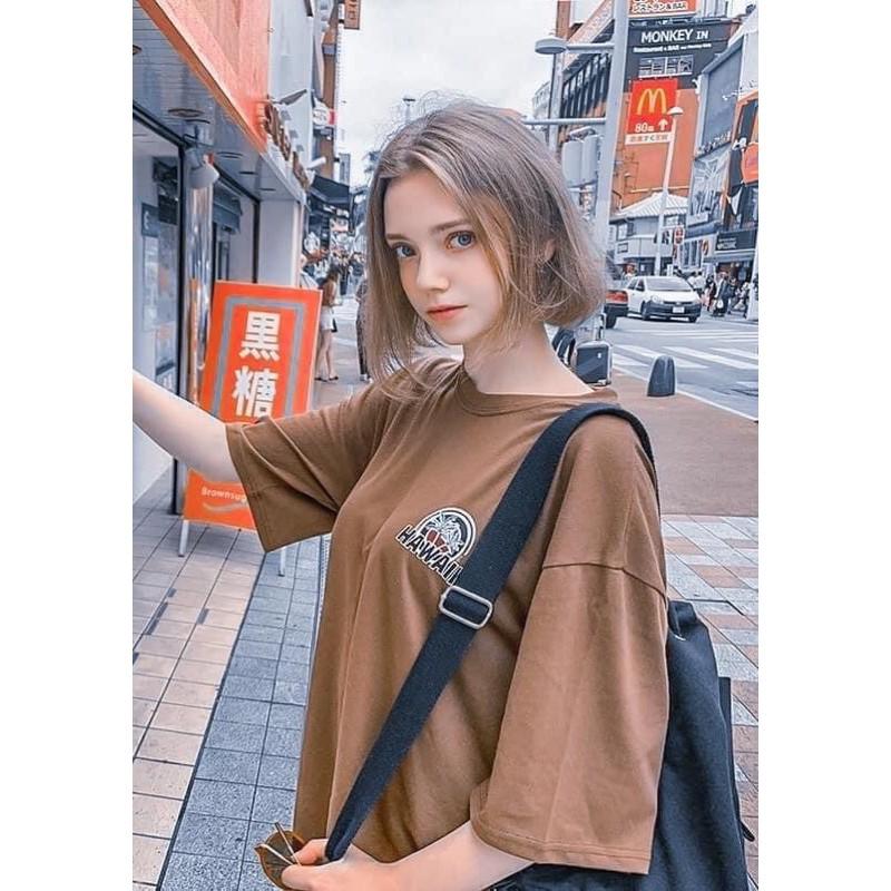 Áo Thun Tay Lỡ Unisex HAWAII màu NÂU /Nam nữ unisex ️ Jaystoree Kiểu áo phông cổ tròn form rộng