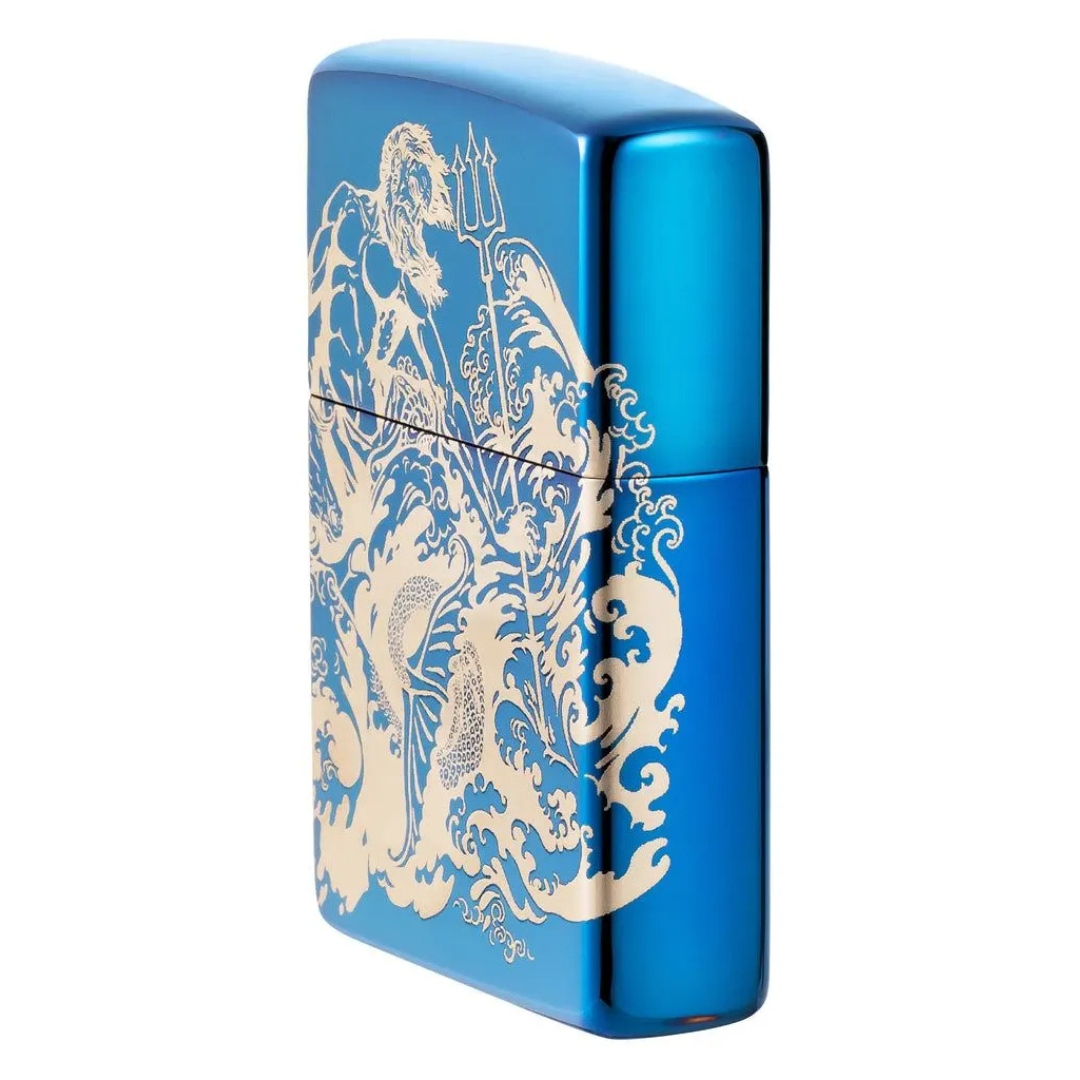 Bật lửa Zippo Atlantis Design - Thiết Kế Thần Biển Poseidon In Tràn Viền 360 Độ, Vỏ High Polish Blue Chính Hãng Mỹ