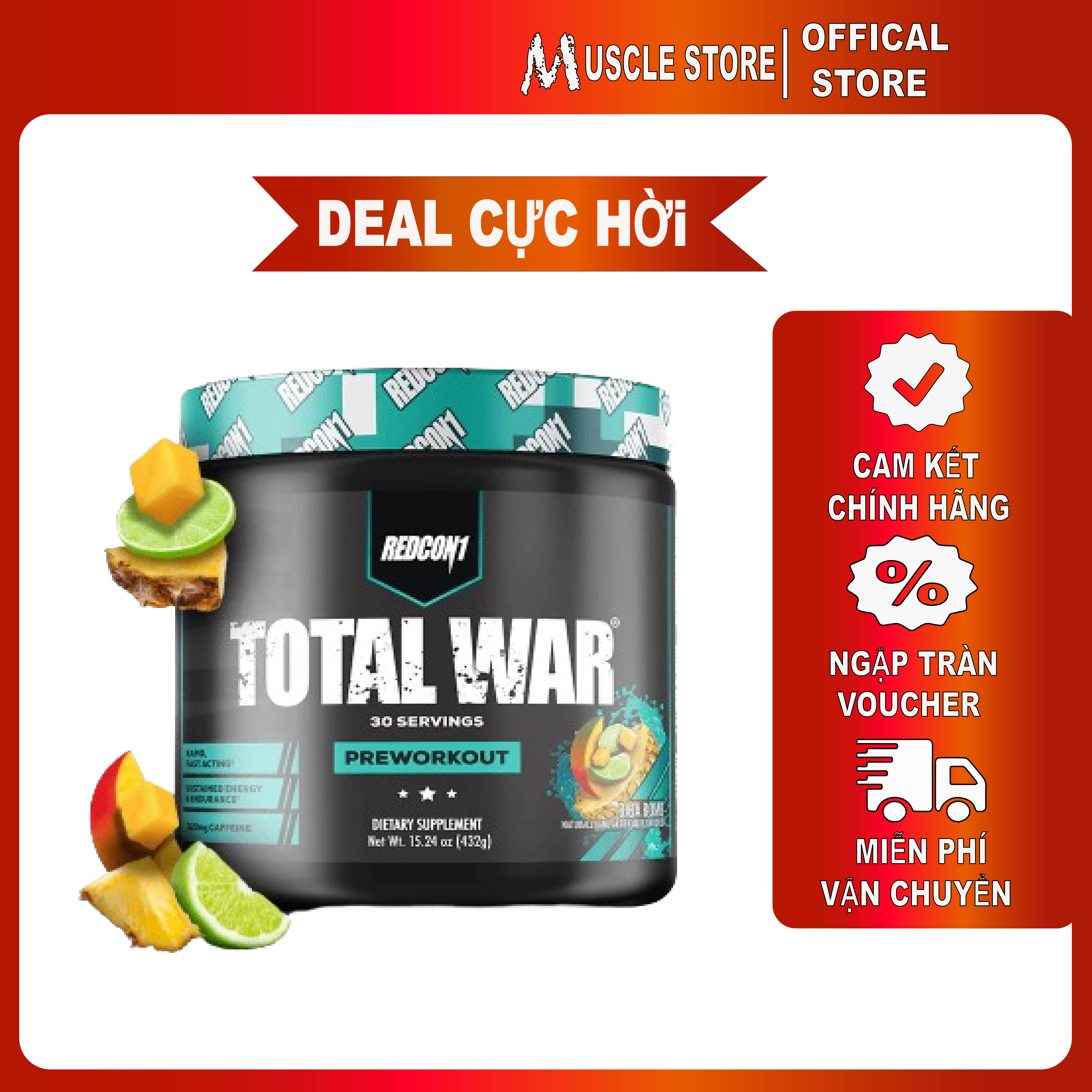 Chính Hãng Redcon1 Total War 30 Liều Pre Workout, Tăng Năng Lượng, Sức Bền Tập Trung, Beta - Alanine, 350Mg Caffeine - Green Apple