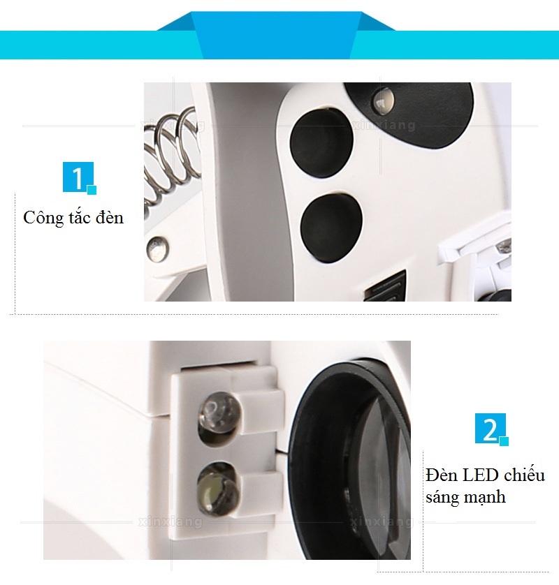 Kính lúp mini 50X kẹp điện thoại tích hợp LED trắng và LED tím