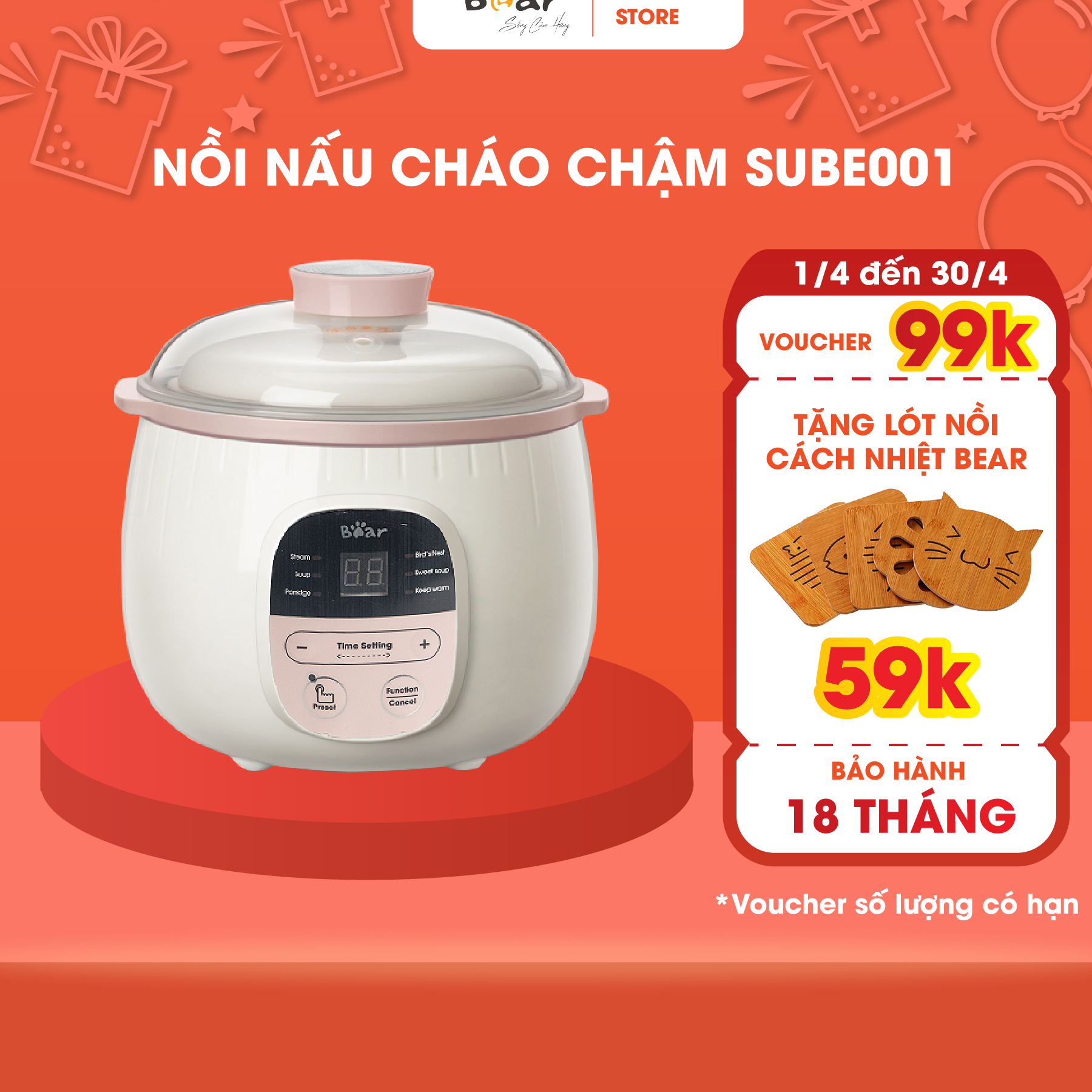 Nồi nấu cháo chậm, ninh hầm cách thủy Bear DDZ-B08C1 dung tích 0.8L Kèm Lồng Hấp 1L Hàng chính hãng