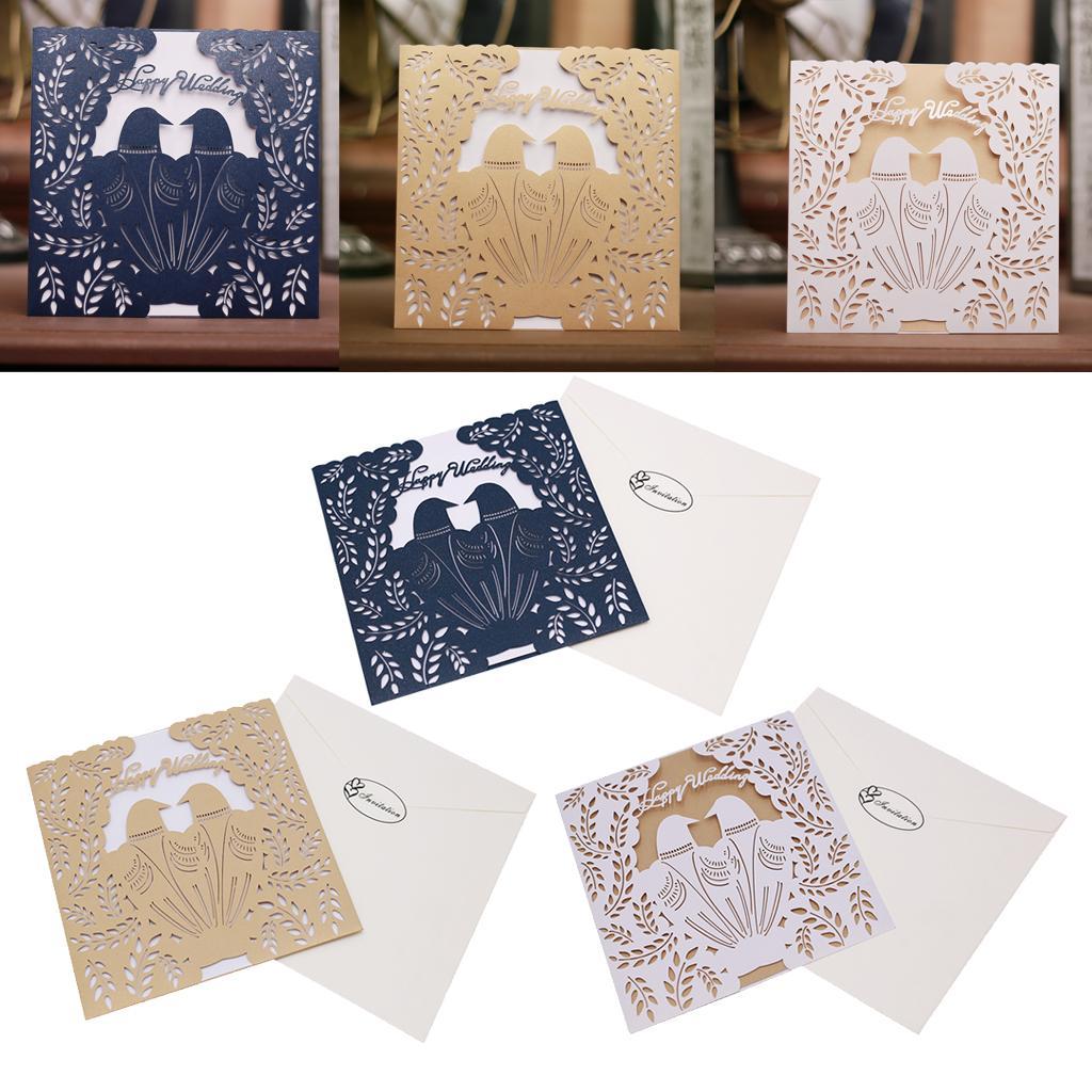 10 Sets Couple Birds Wedding Invitation Cards with Envelopes and Seals Blue