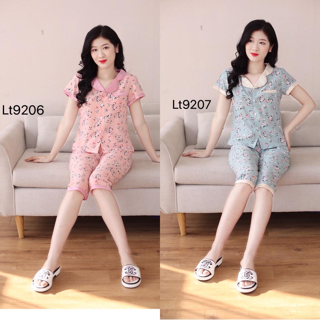 Quần áo mặc nhà, Bộ đồ pizama sau sinh mẫu quần lửng họa tiết hoa lá đẹp cổ màu hồng, màu be
