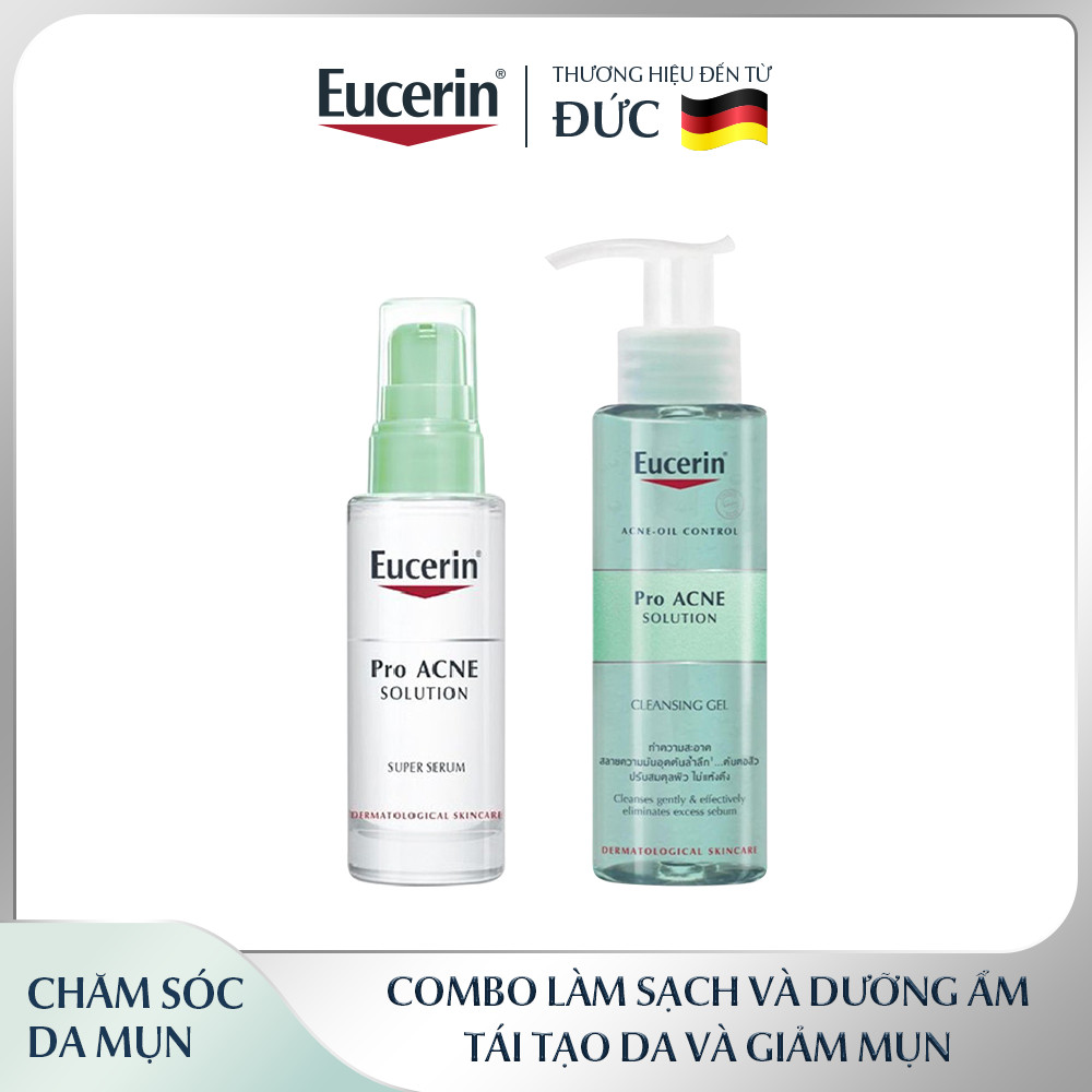 Bộ đôi làm sạch  Eucerin (Gel Rửa Mặt Eucerin Pro Acne Cleansing Gel 200ml + Tinh Chất Dưỡng Giảm Mụn, Mờ Sẹo Eucerin Pro Acne Super Serum 30ml)