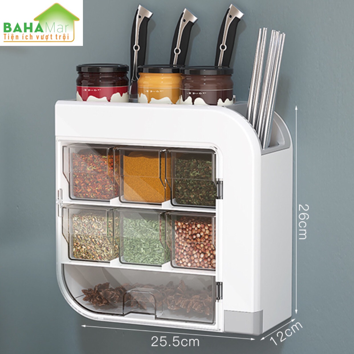 KỆ TREO TƯỜNG ĐA NĂNG ĐỰNG GIA VỊ NHÀ BẾP CẮM DAO VÀ ỐNG ĐŨA BAHAMAR sắp xếp và phân loại rõ ràng các loại gia vị và cắm dao đũa sạch sẽ khô ráo