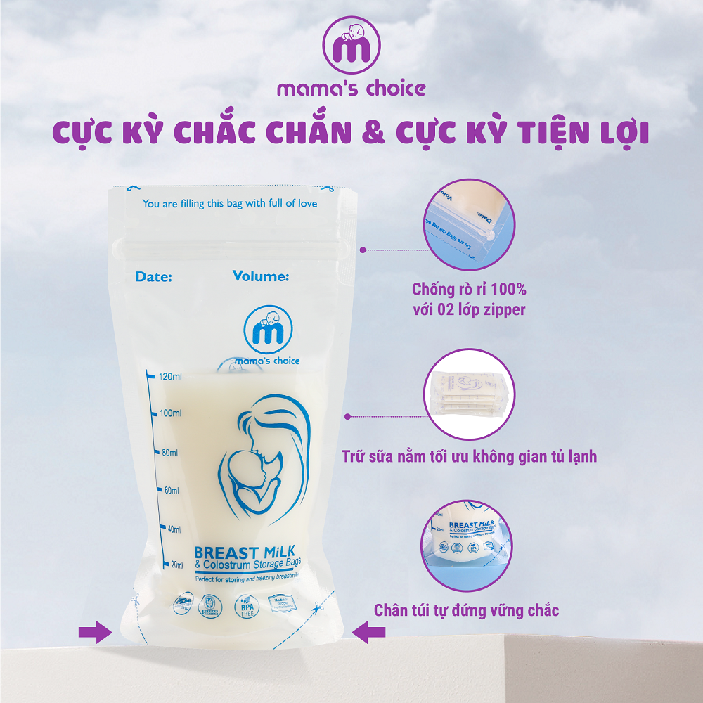 Túi Trữ Sữa Mama's Choice, Túi Đựng Sữa Mẹ Loại 250ml và 120ml, Kiểm Định An Toàn Bởi Bureau Veritas, Hộp 30 Túi