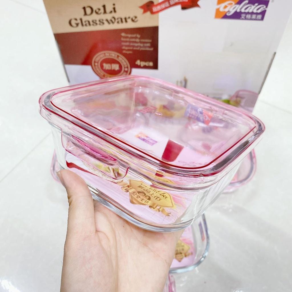 Bộ 4 thố thủy tinh, hộp thủy tinh, bát thủy tinh cao cấp Deli có nắp tím hồng dùng được lò vi sóng, tủ lạnh