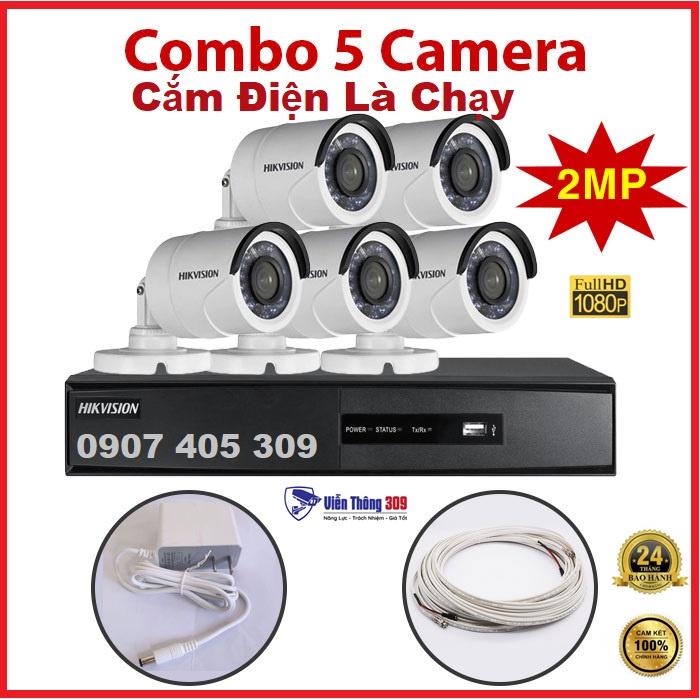 Trọn bộ 5 camera Hikvision quan sát trong nhà ngoài trời chống trộm, có sẵn phụ kiện, cắm điện là chạy- Hàng chính hãng