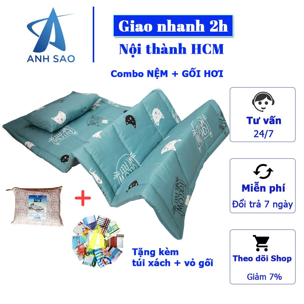 Combo nệm ngủ trưa văn phòng cao cấp A 80x190cm + 1 gối hơi 35 x 50 cm - tặng kèm 1 vỏ gối cotton poly cùng màu