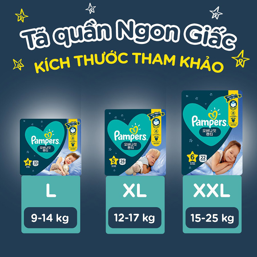 Combo 4 Tã/ Bỉm Quần PAMPERS Ngon Giấc, Size L(30 miếng, 9-14kg)/ XL(26 miếng, 12-17kg)/ XXL(22 miếng, 15-25kg), Khô Thoáng Suốt Đêm