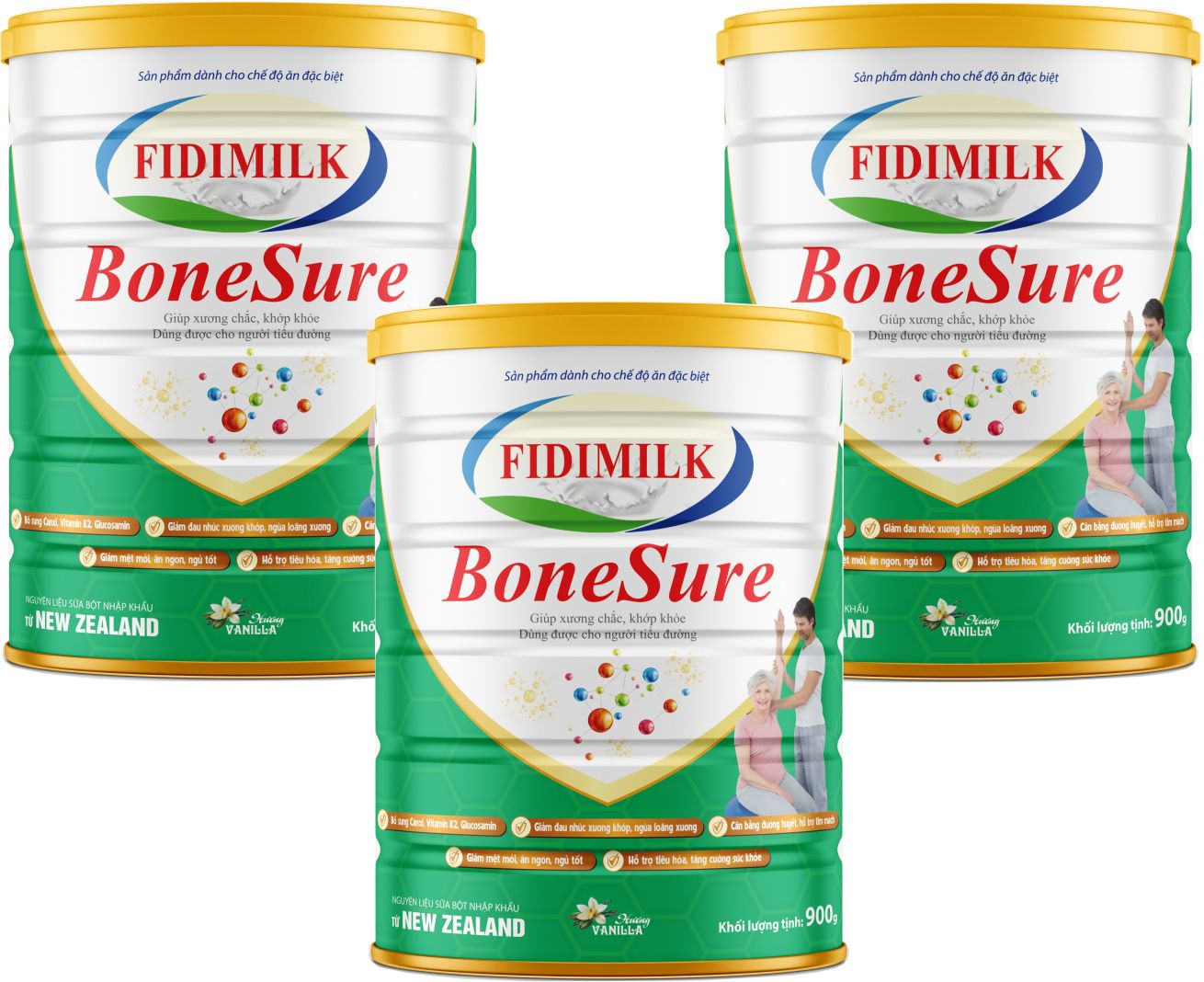 Combo 3 lon Sữa bột FIDIMILK BONE SURE lon 900g - Bảo vệ sụn và xương khớp, dành cho người từ 35 tuổi trở lên.