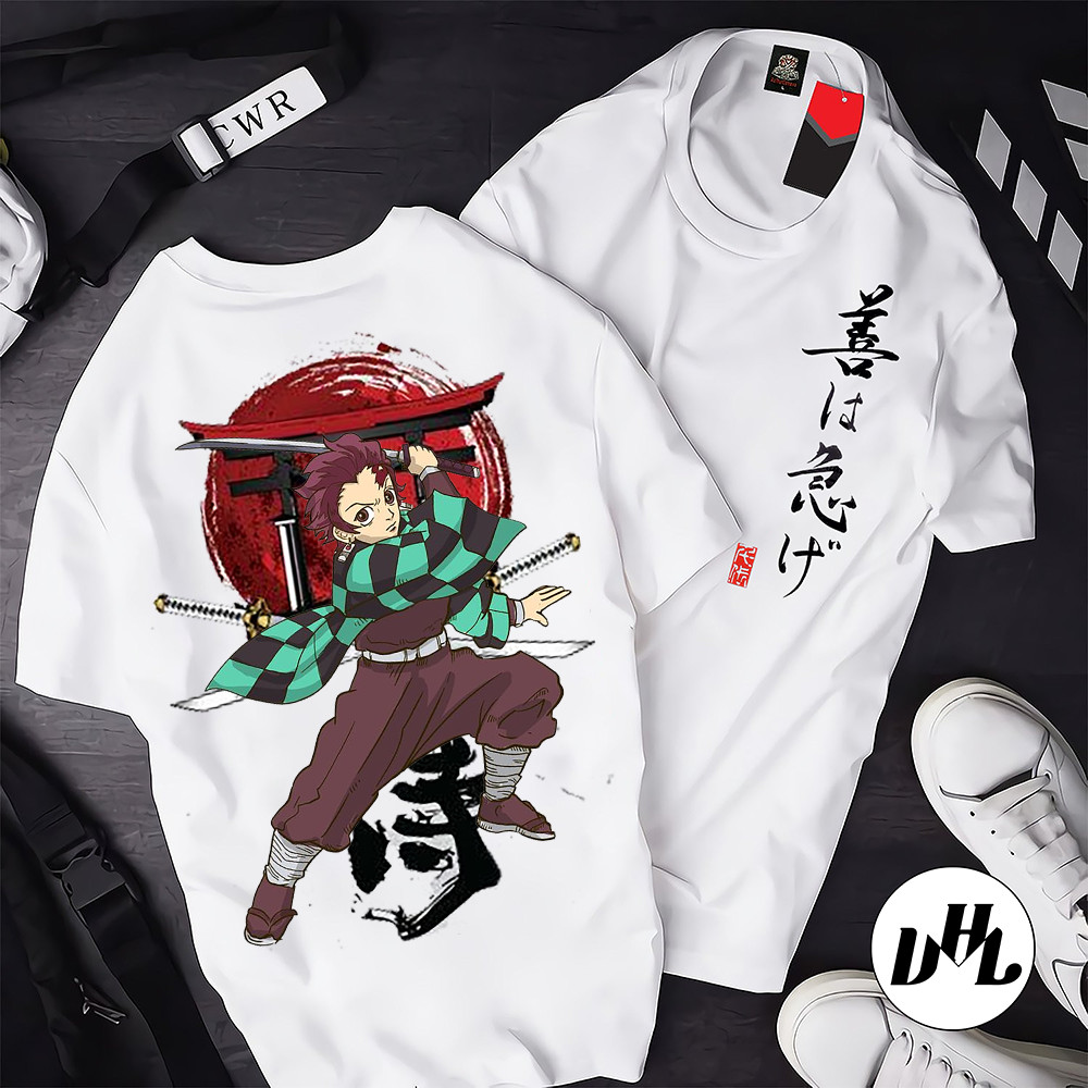 Áo thun trắng Anime, Manga Thanh g diệt quỷ tanjiro song kiếm, Unisex Nam Nữ có Size áo từ 25-95kg