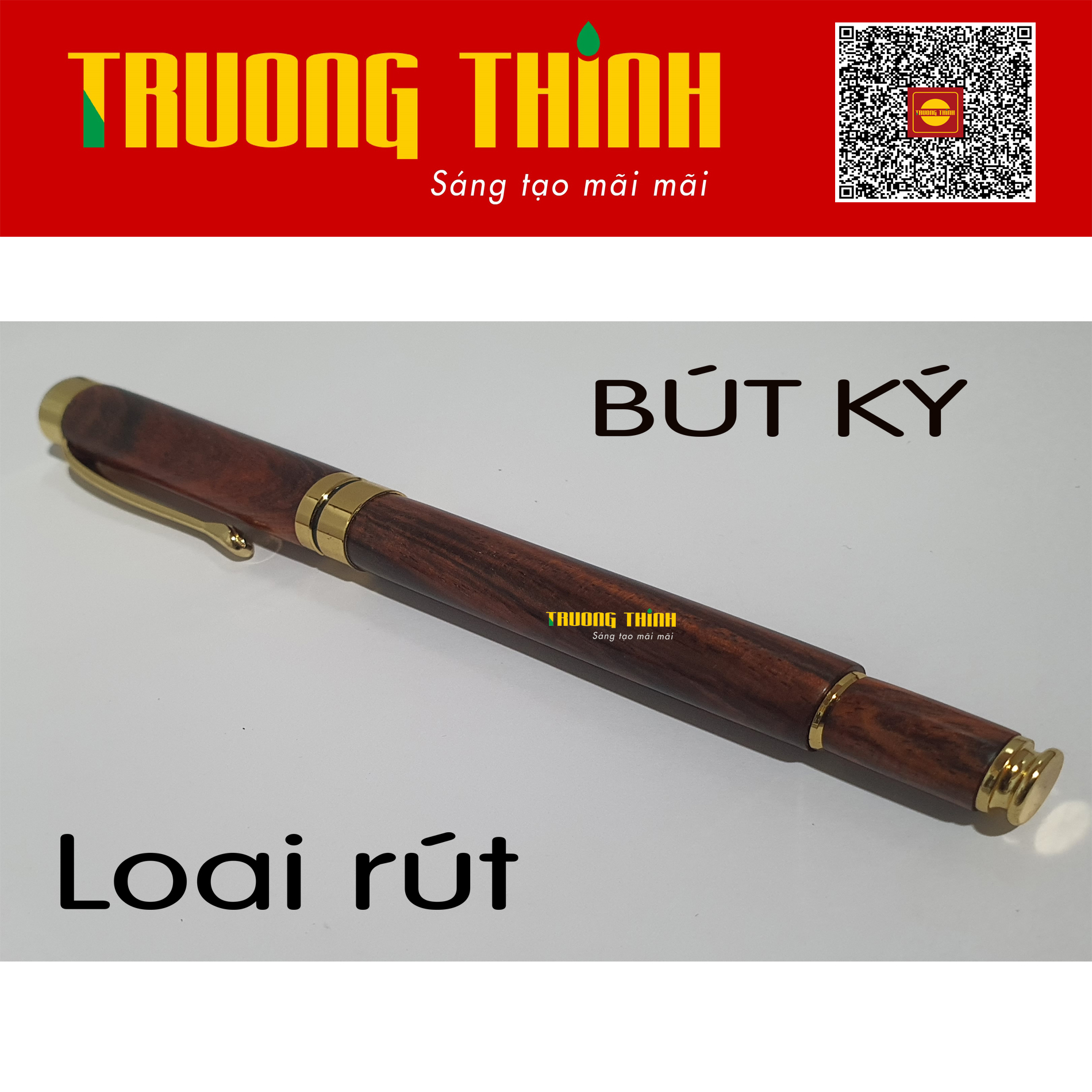 Bút Ký Gỗ Trắc Đỏ Đen Cao Cấp Chính Hãng Trường Thịnh Đẳng Cấp Doanh Nhân - Gắn Đồng Nguyên Khối. Loại Rút 14.5 cm