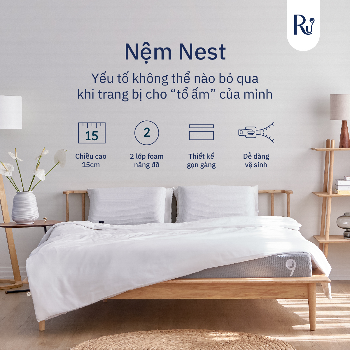Nệm Foam Cao Cấp Nest Ru9 15Cm - Màu Xám 2 Lớp Foam Nâng Đỡ Bao Gồm 6 Kích Thước - 1M8 X 2M X 15Cm