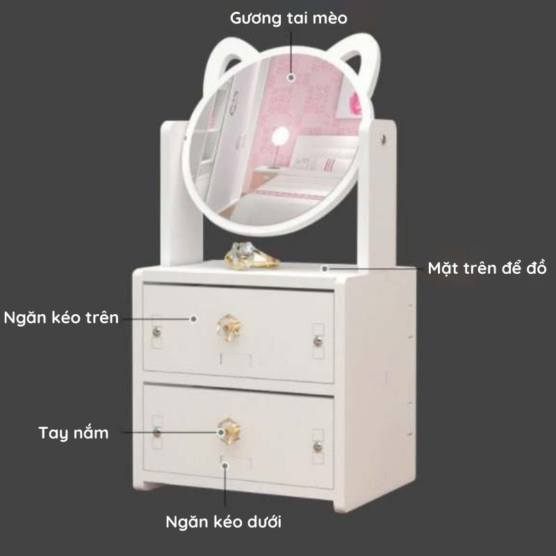 Kệ đựng mỹ phẩm mini màu trắng để bàn 2 ngăn kéo có gương tai mèo để đồ trang điểm ngăn nắp tiện lợi