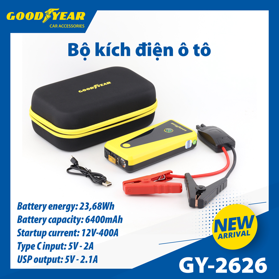 Bộ Kích Bình Cho Xe Hơi 400A GOODYEAR GY-2626 Đa Chức Năng Sạc Dự Phòng 6400mAh Đèn LED Khẩn Cấp Tích Hợp La Bàn - Nhập Khẩu Chính Hãng