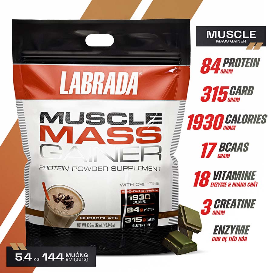 Combo Thực phẩm bổ sung Sữa hỗ trợ Tăng cân Tăng Cơ Muscle Mass Gainer từ Labrada + Quà tặng